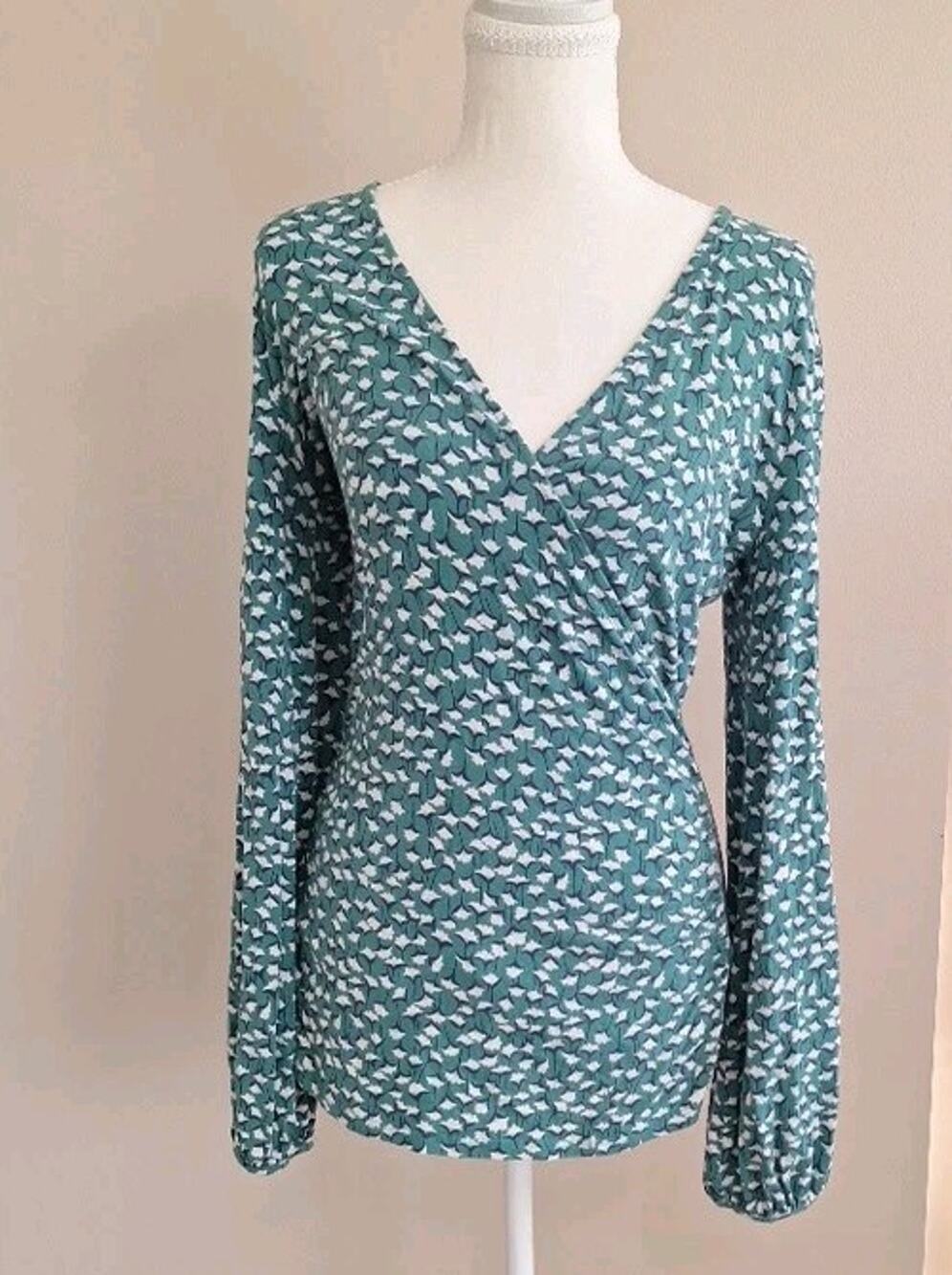 Boden Size US 12 Green White Crossover Wrap Jersey Knit Top Linked Floral